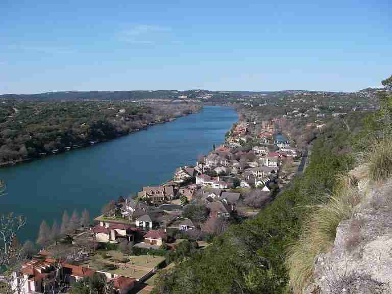 View from atop Mount Bonnell looking northwest toward Pennybacker Bridge in Austin, Texas.
