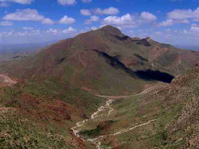 North Franklin Mountain, looking north from "The Elephant," a butte on the northern slope of South Franklin Mountain. Fusselman Canyon and Trans-Mountain Road are below.