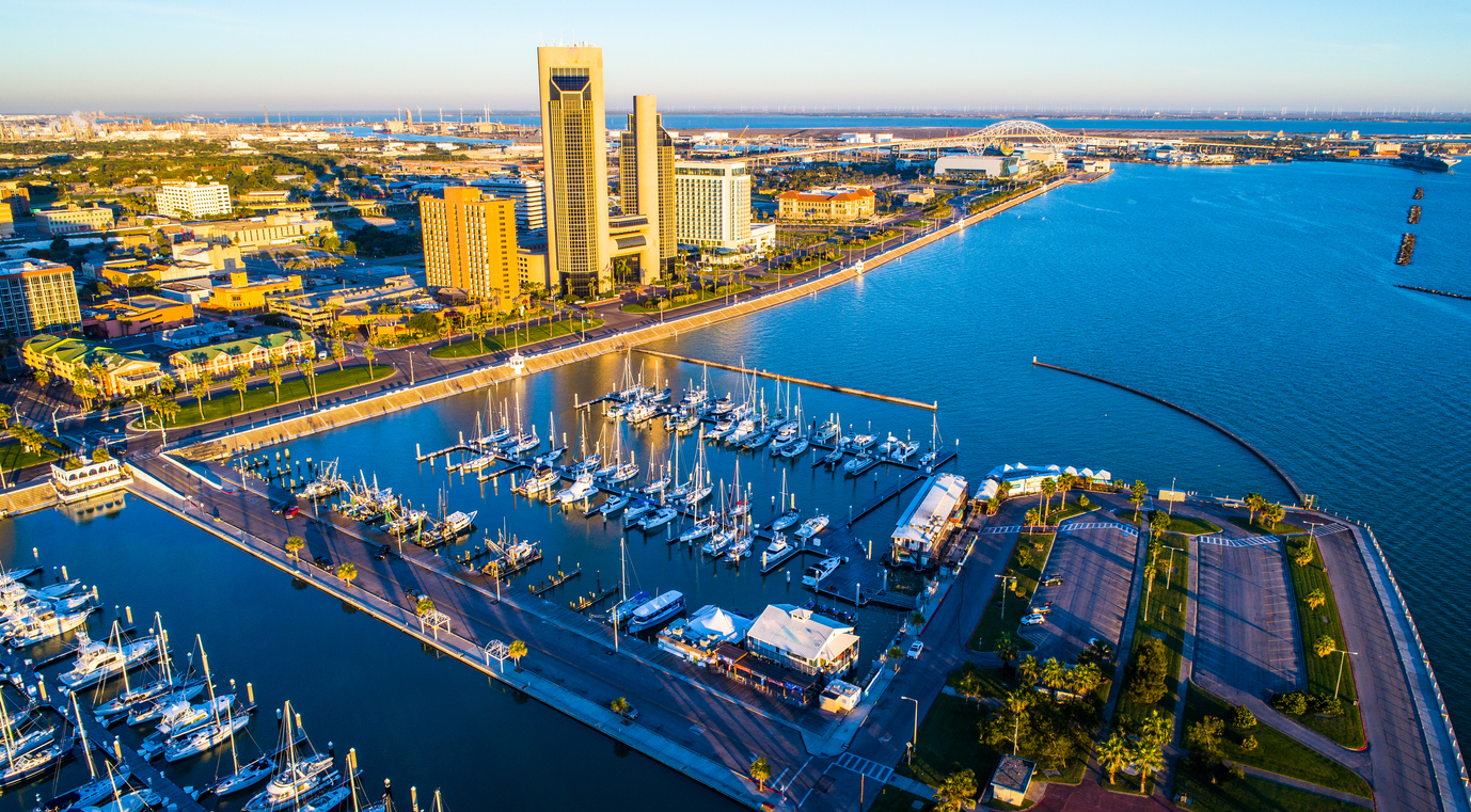 Corpus Christi , TX Bayfront at sunrise long shadows behind the Twin Towers