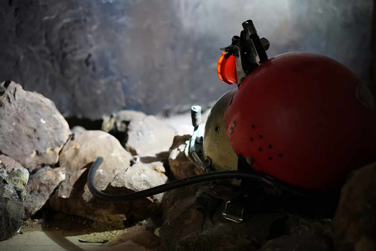 Helmet with light in a cave