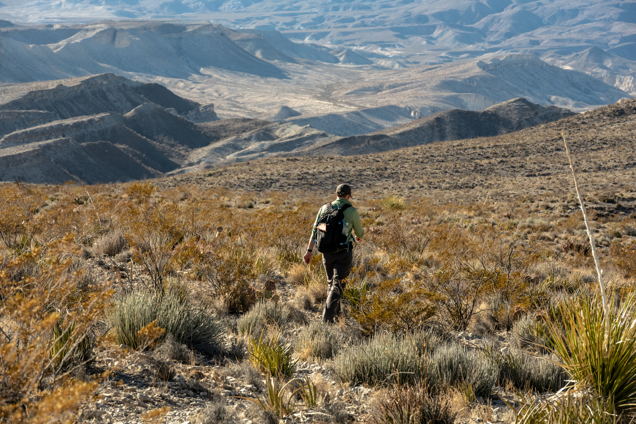 Hiker With Backpack In The Foreground With Endless Hills In The Distance