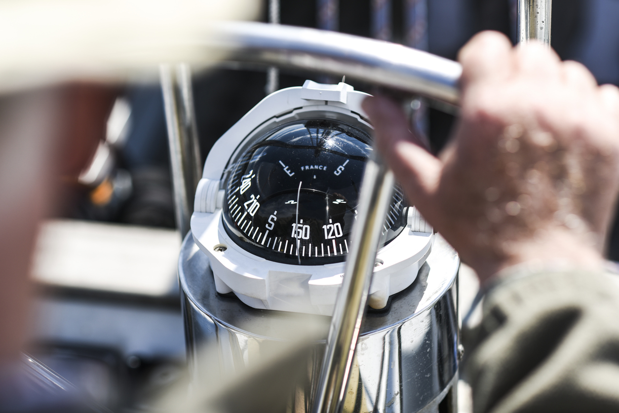 A compass, a view from above the steering wheel on a yacht