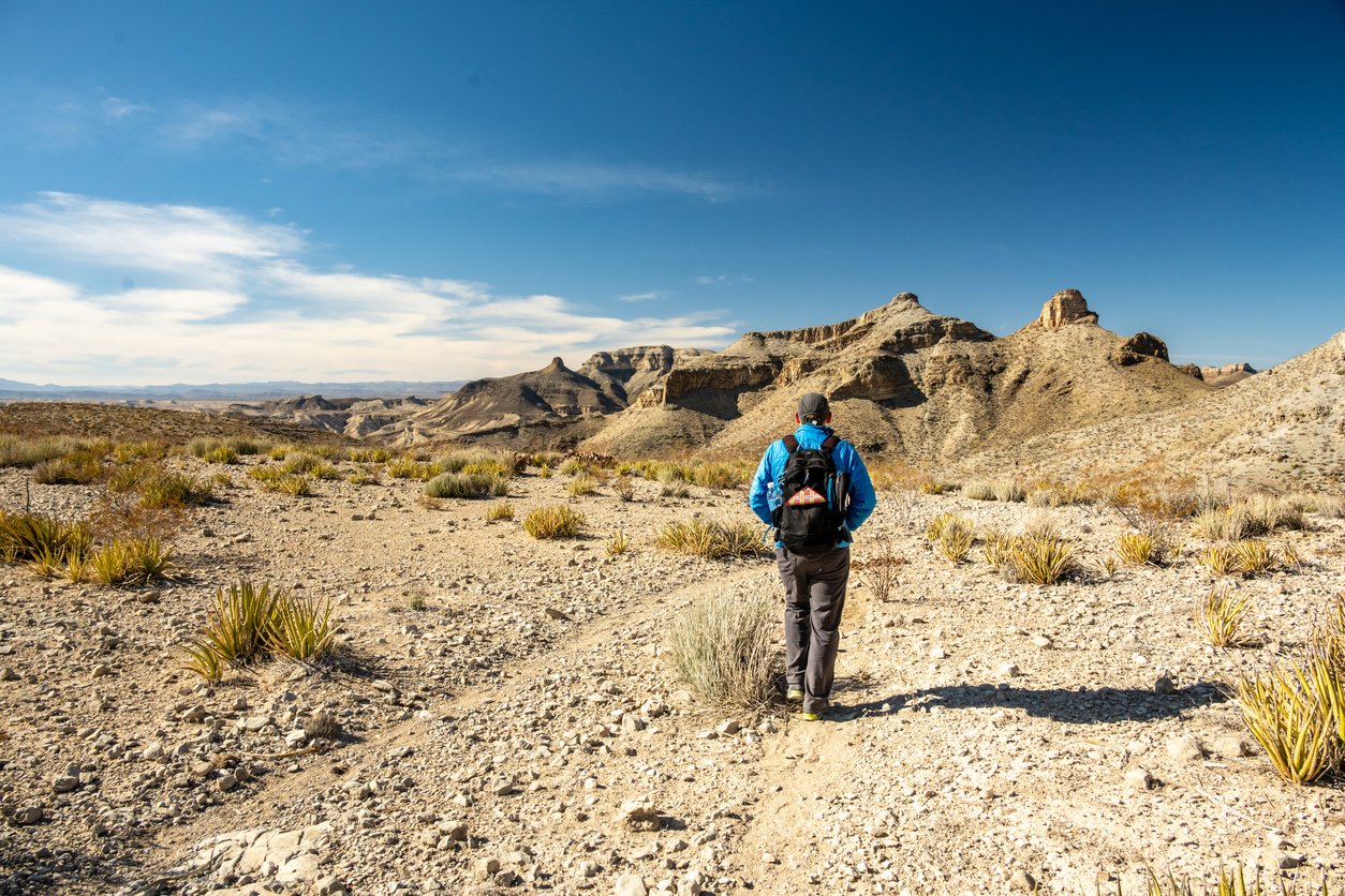 Man In Blue Coat Hikes Across Mesa De Anguilla In Big Bend