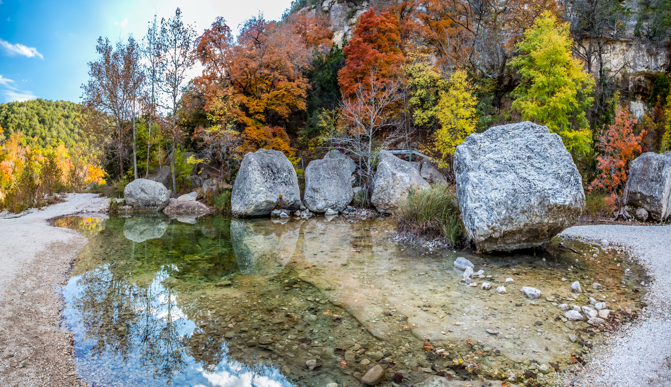 Panorama of Clear Pond and Fall Foliage at Lost Maples, Texas