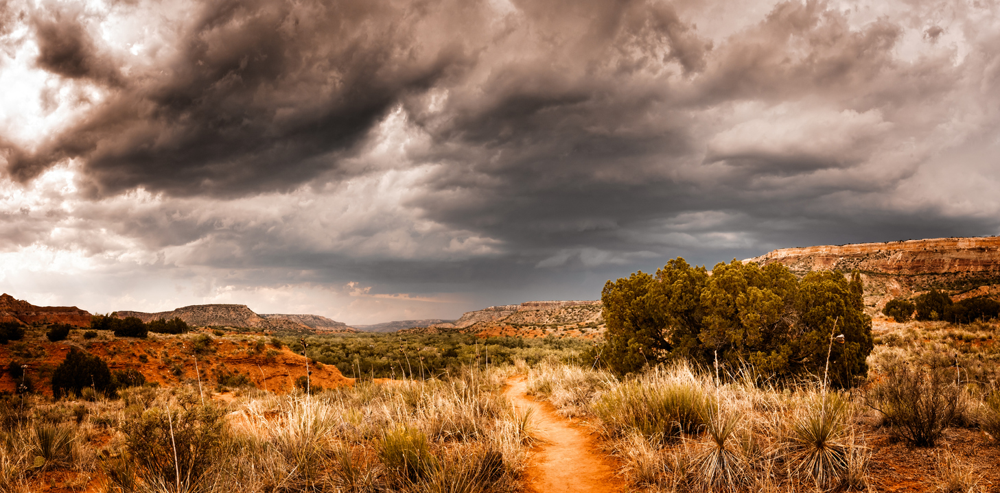 Panoramic view with dramatic clouds in the Palo Duro Canyon State Park