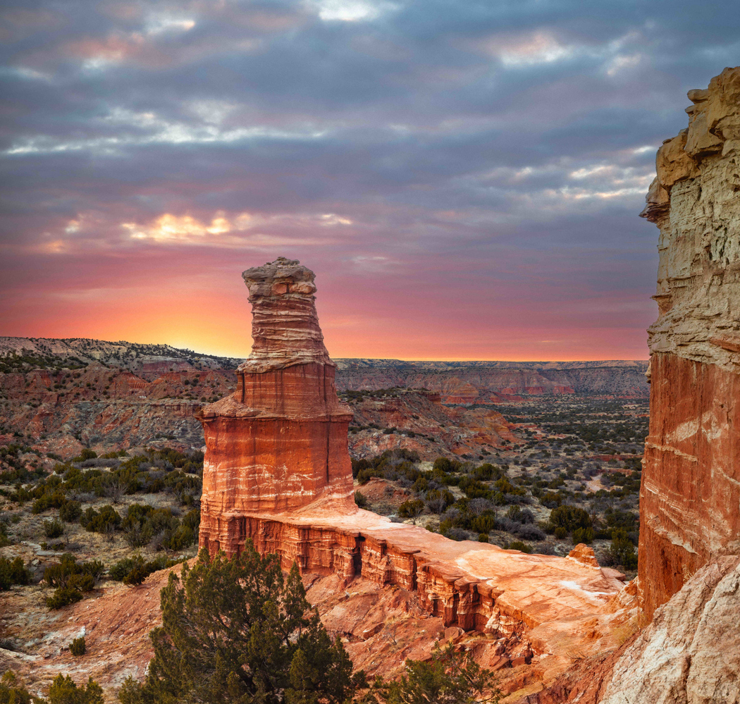 The Lighthouse Rock Formation at Sunset in Palo Duro Canyon, Texas