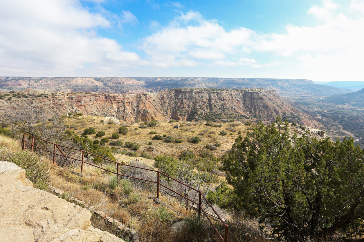 Palo Duro Canyon scenic landscape in Texas. Wide canyon view with rocky cliffs and desert vegetation.