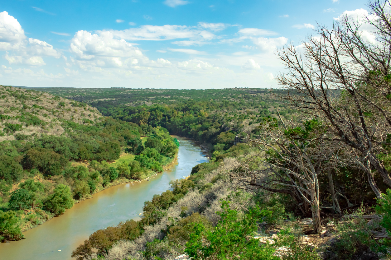 View of the Texas Hill Country and Colorado River from the summit at Colorado Bend State Park