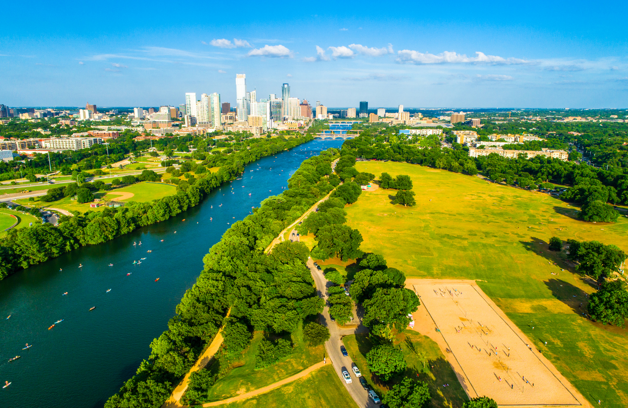Zilker Park and Town Lake Aerial Drone view above Austin Texas Skyline Landscape 2019
