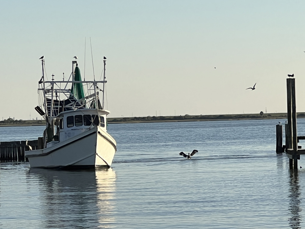 Shrimp boat moving through still water at dusk