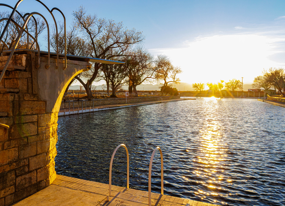 Diving board at the spring fed pool at San Solomon Springs, Balmorhea State Park